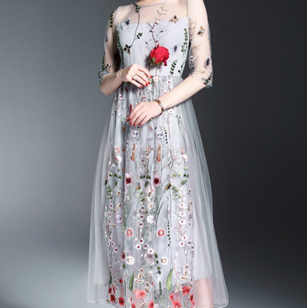 Grey mesh paneled embroidered floral midi dress